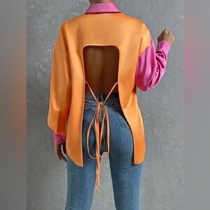 Color Block Drop Shoulder Button Front Shirt Orange Pink Open Back Brand New Top
